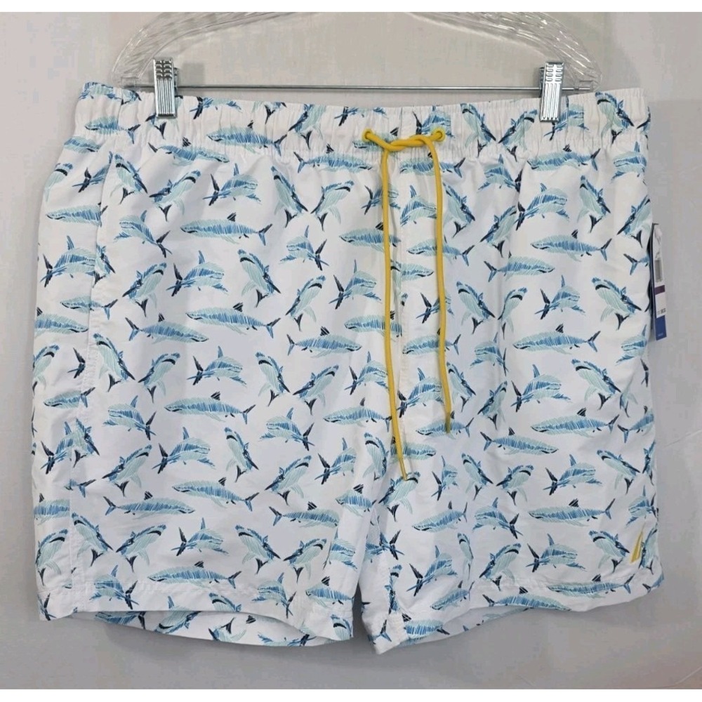 NWT NAUTICA Men's XXL White /Blue Shark Week Swim Suit Shorts Sustainably Made